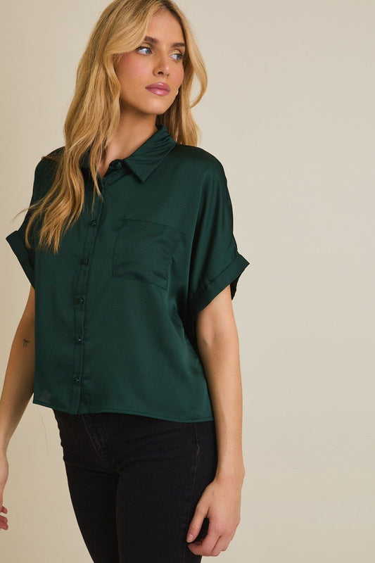 Satin Boxy Button Down Blouse Green