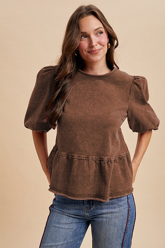 Denim Ruffle Back-Button Blouse