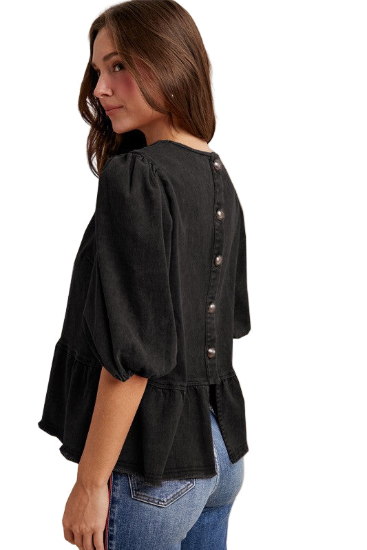 Denim Top with Back Button Detail