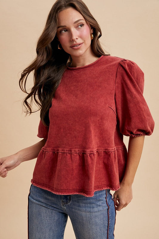 Denim Maroon Top with Back Button Detail