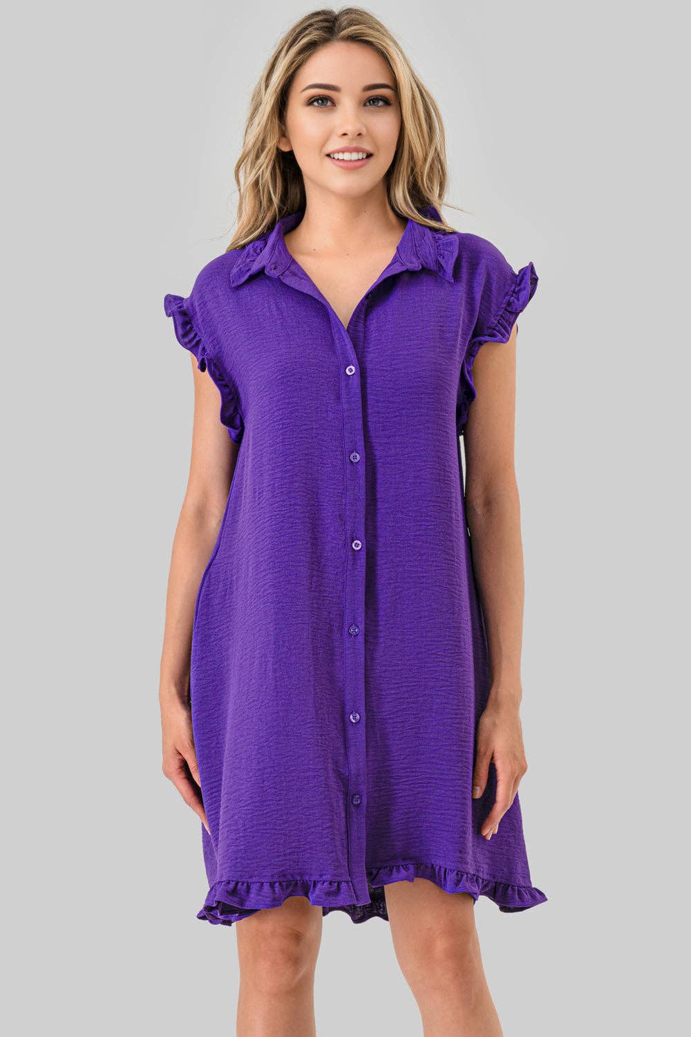 Avery Ruffle Button Down Game Day Dress in Purple by Pixi + Ivy