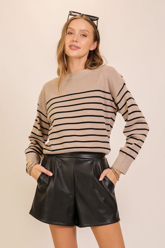 Shoulder Button Striped Knit Sweater