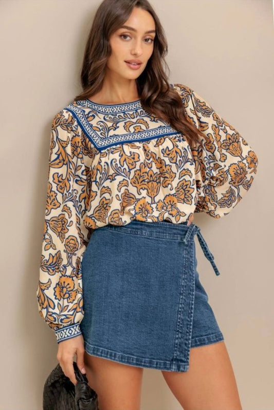 Blue Detail Printed Woven Top