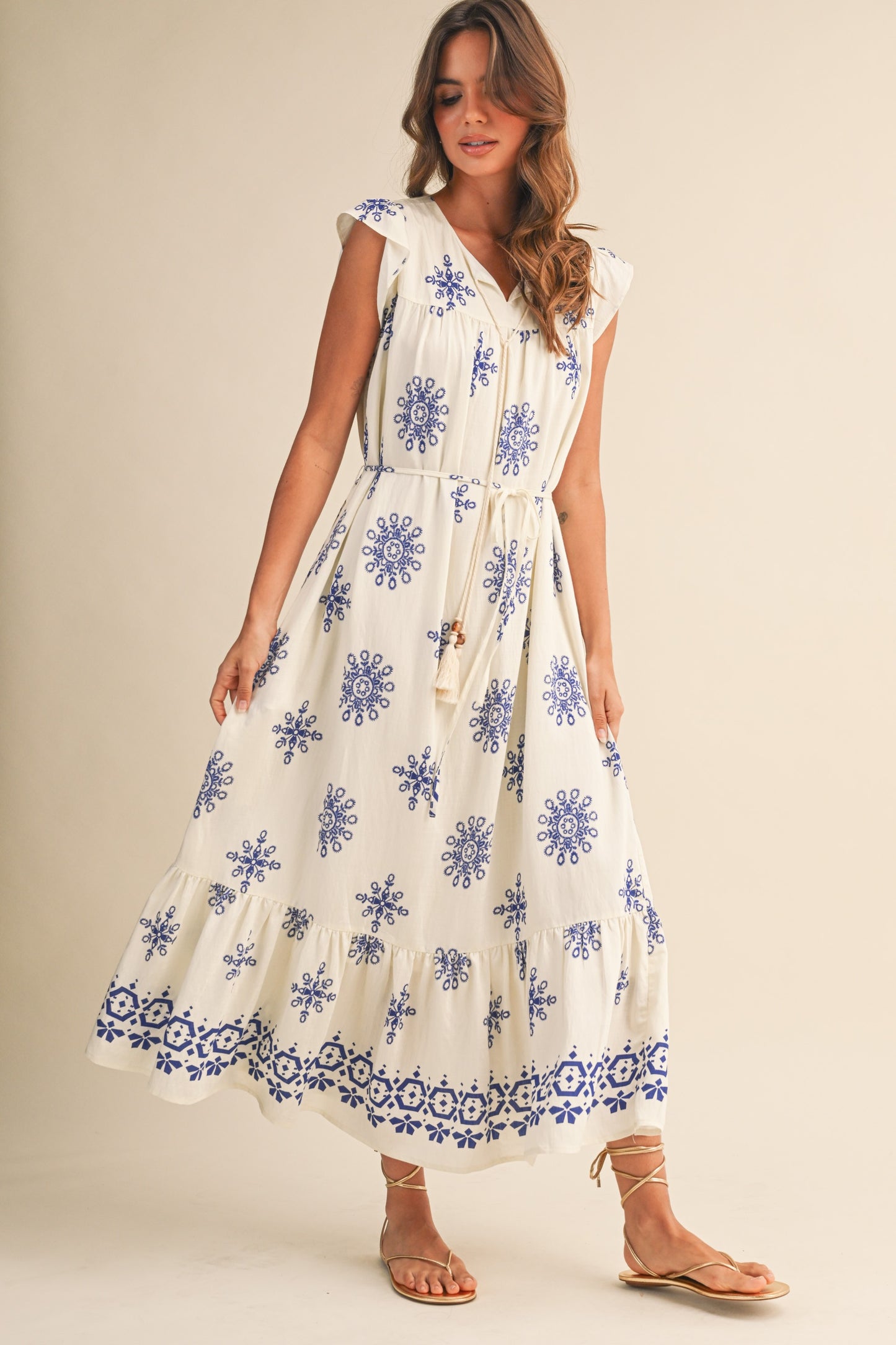Belted Border Print Midi Dress