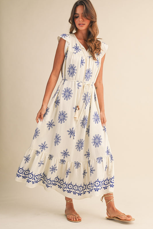 Belted Border Print Midi Dress