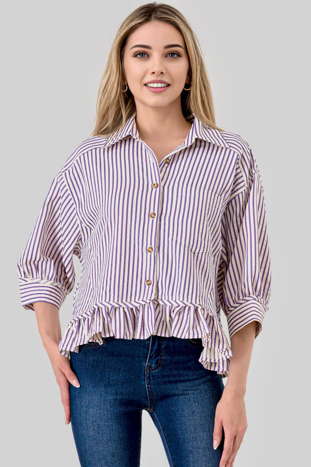 Parker Striped Ruffle Game Day Top in Purple by Pixi + Ivy