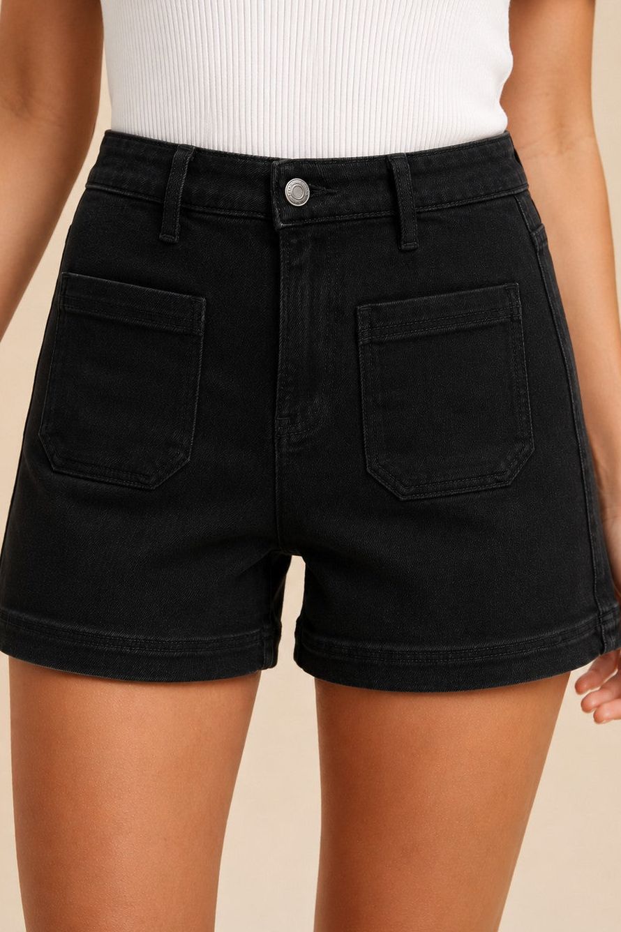 Black High Rise Front Pocket Shorts