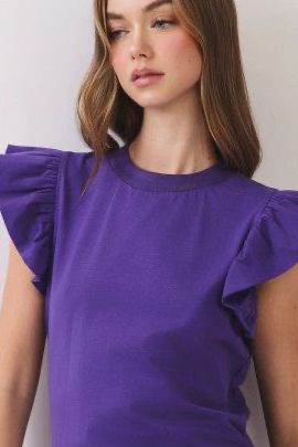 Ruffle Sleeve Round Neck Purple Top