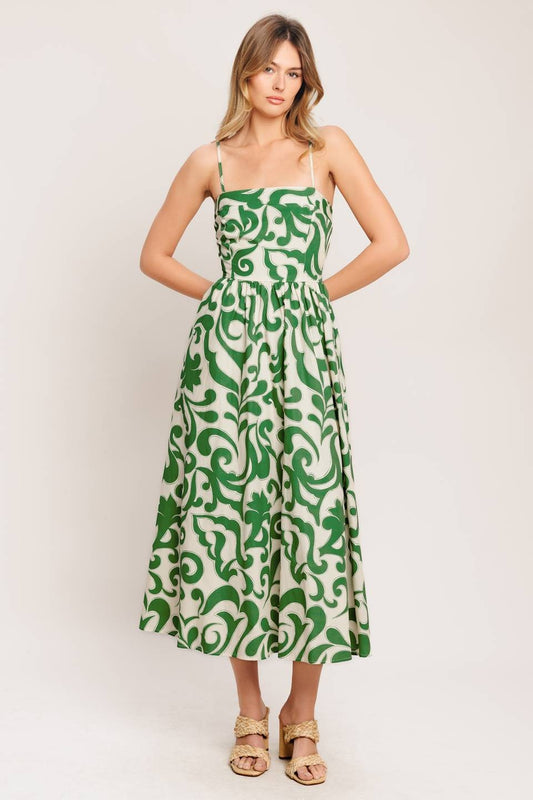 Printed Green and Ivory Midi Dress