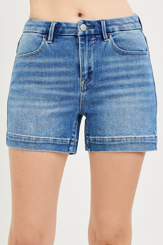 High Rise Cuffed Denim Shorts