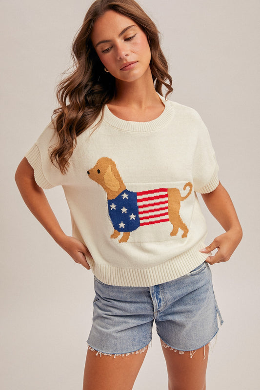Dachshund American Flag Short Sleeve Sweater