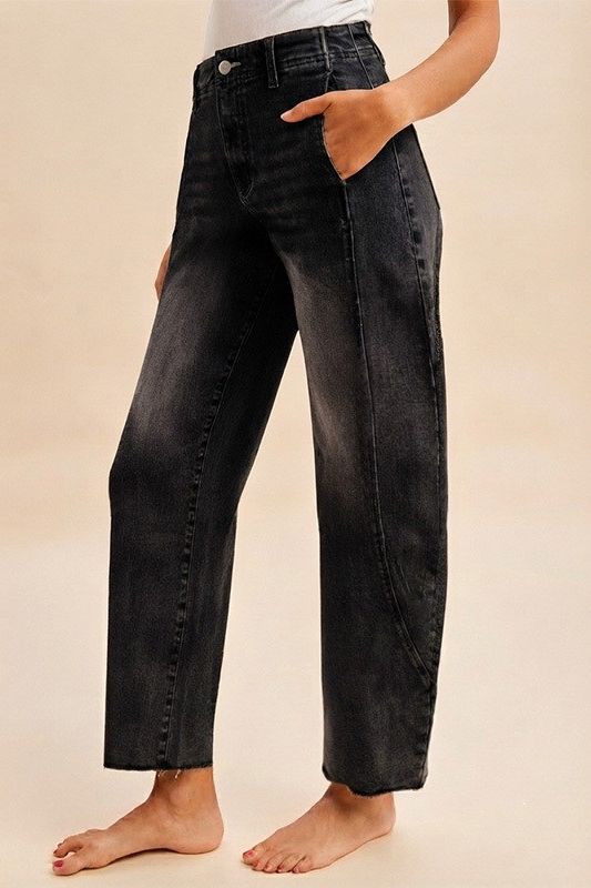Black Denim Barrel Leg Stretchy Jeans