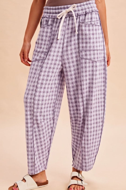 Lavender Checkered Print Barrel Pants