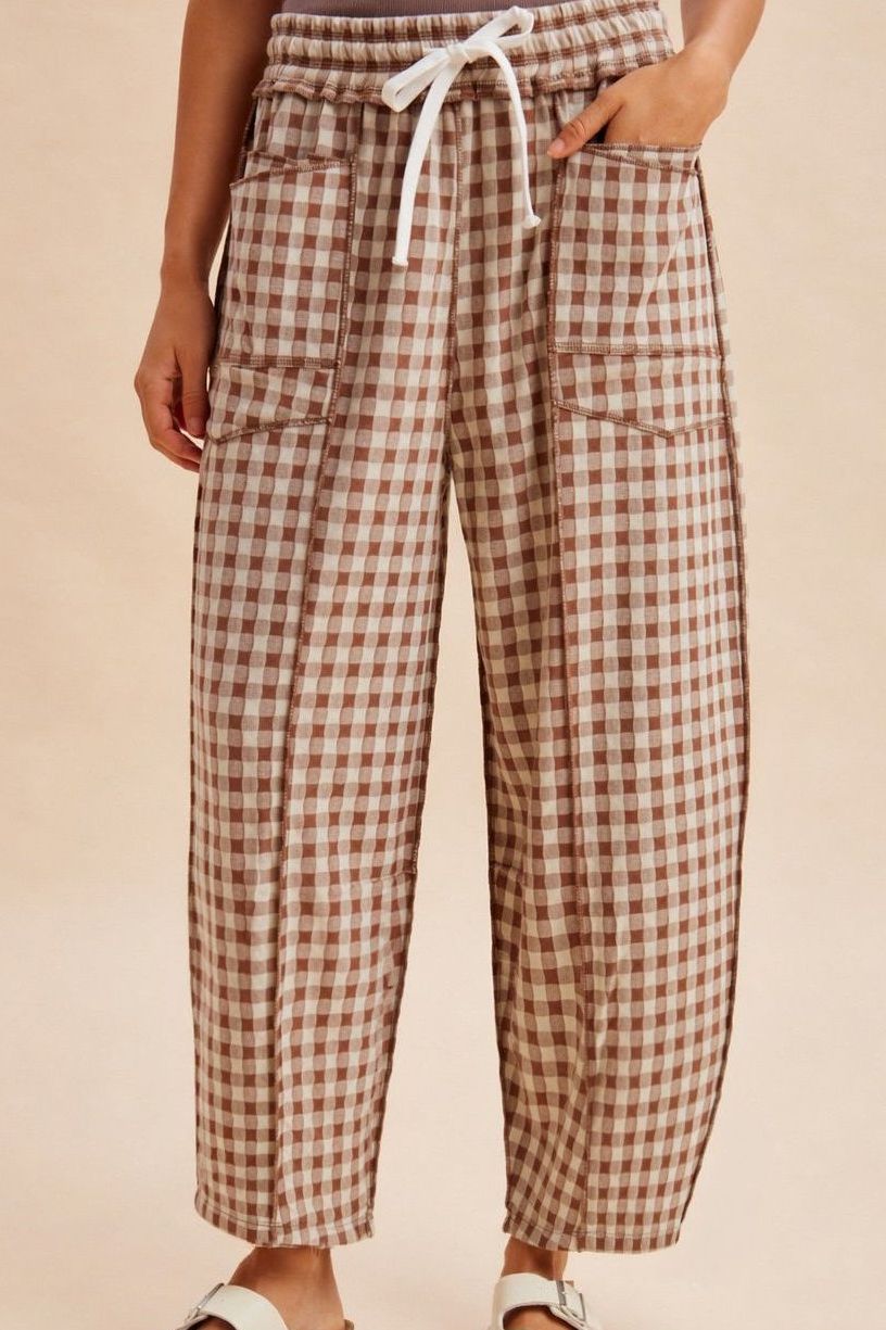 Mocha Checkered Print Barrel Pants
