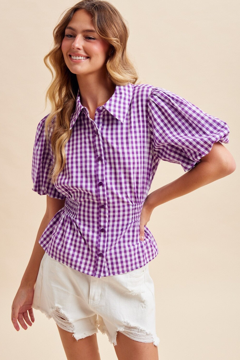 Gingham Game Day Ballon Sleeve Shirt