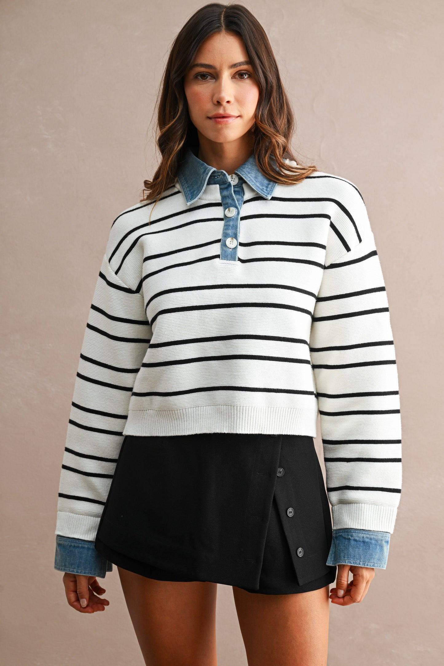 Denim Detail Striped Cropped Sweater