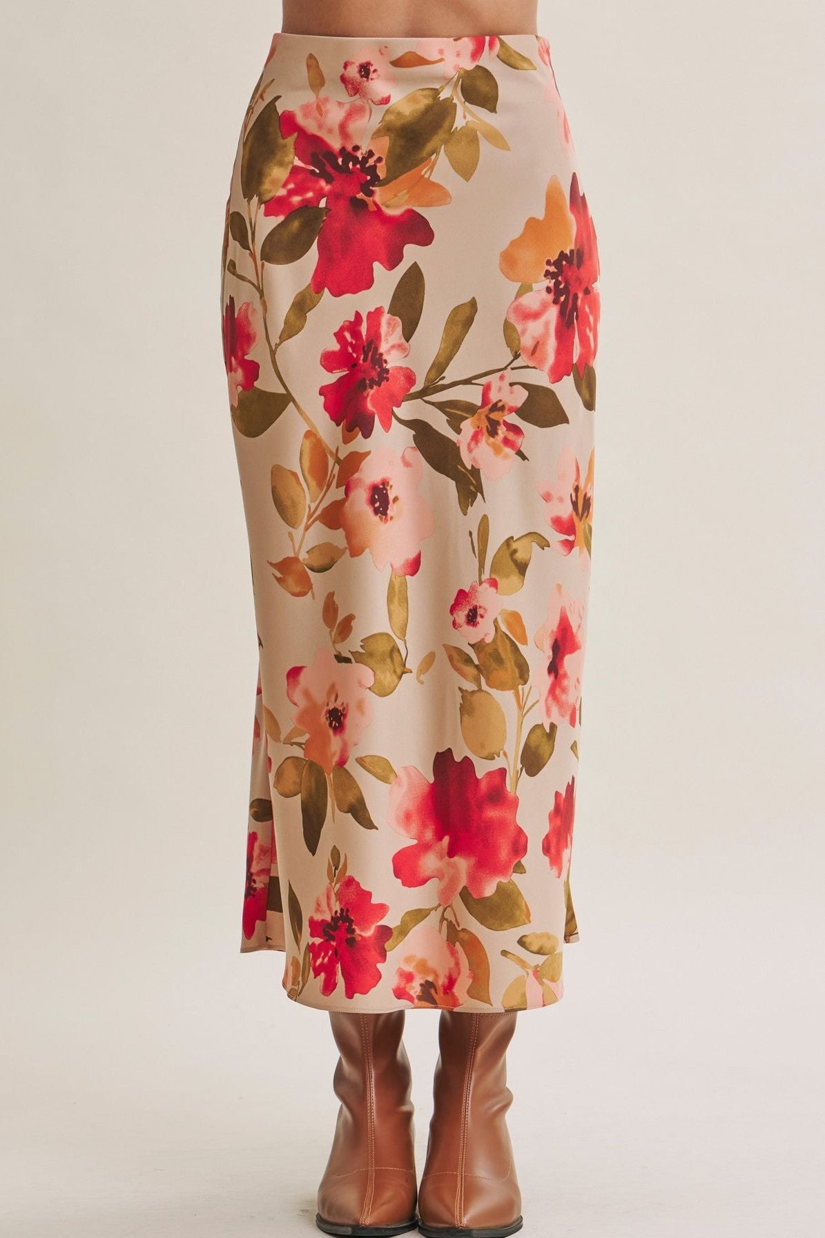 Soft Floral Satin Midi Skirt