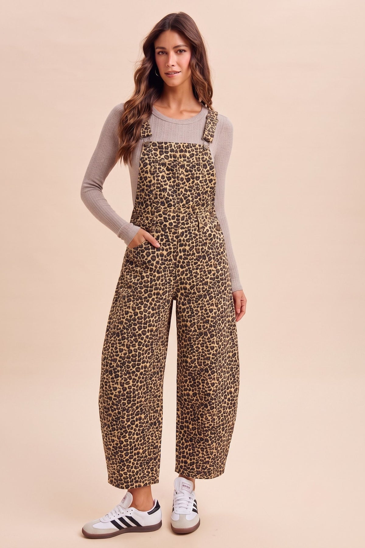 Leopard Printed Denim Barrel Overalls