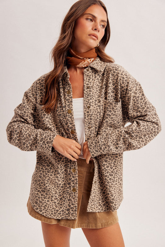 Brushed Animal Print Snap Button Shacket