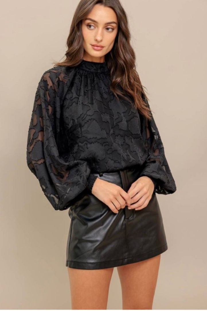 Black Woven Top High Neck