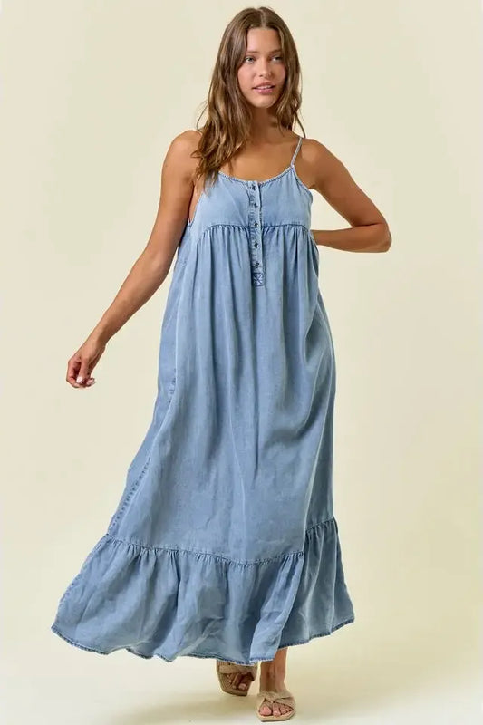 Tencel Tiered Ruffle Maxi Demin Dress