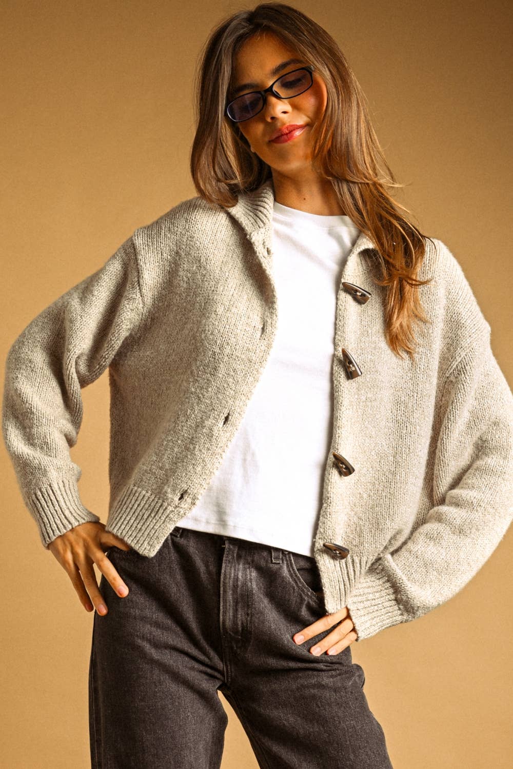 Two Tone Sweater Cardigan With Toggle Button in Beige by Miou Muse