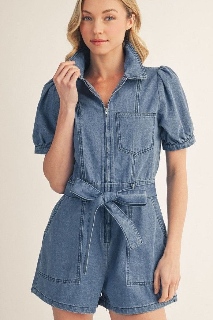 Tie Waist Puff Sleeve Denim Romper
