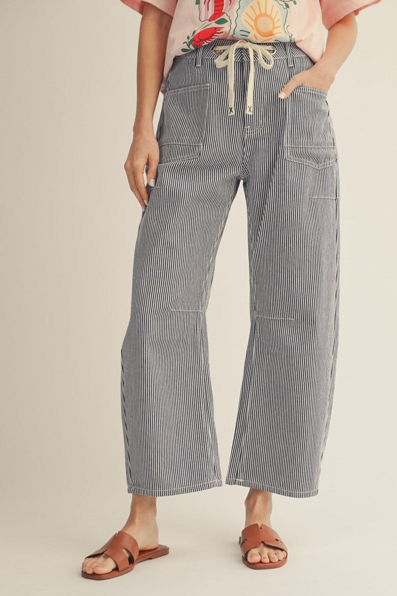 Drawstring Stripe Denim Barrel Jeans