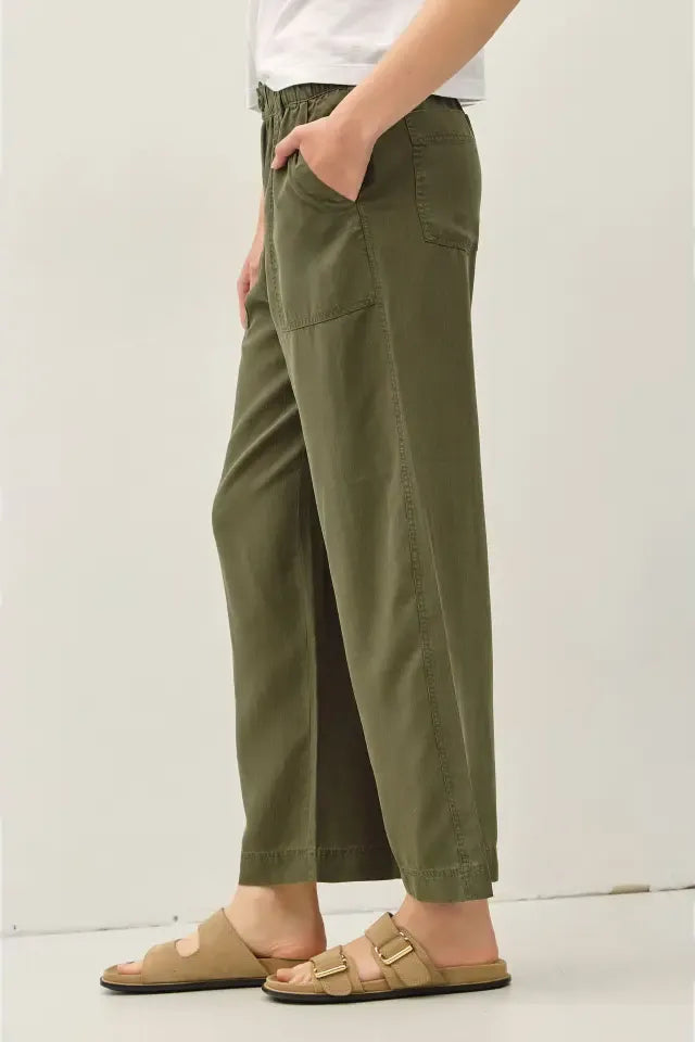 Wide Leg Tencel Drawstring Olive Pants