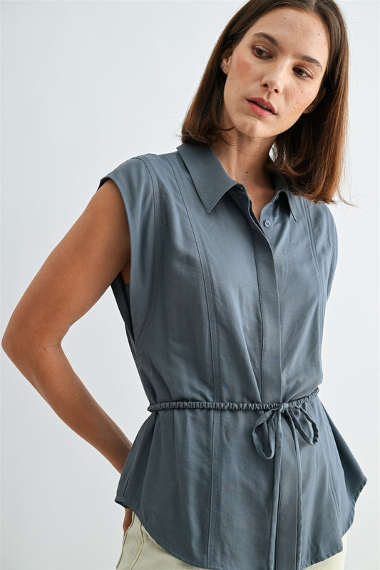 Navy Blouse with Waist Tie Detail