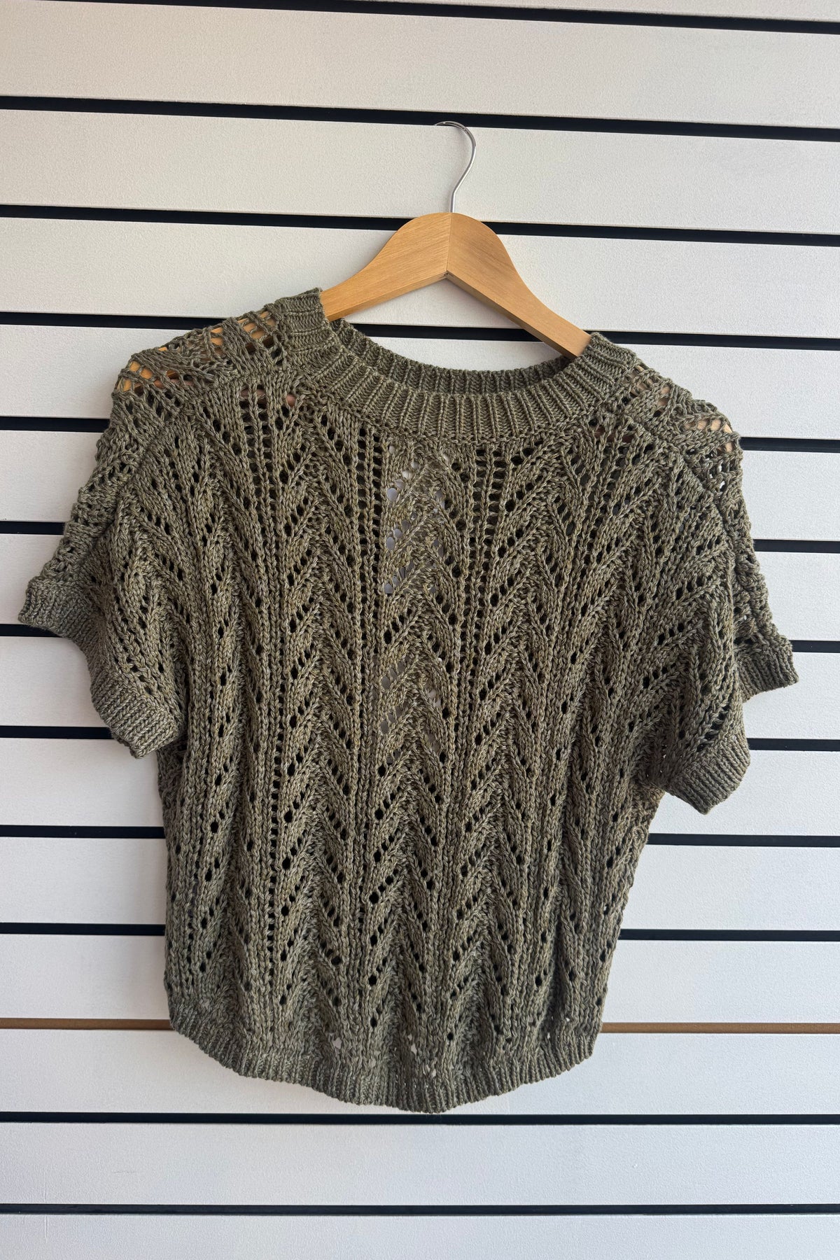 Olive Pointelle Short Sleeve Sweater