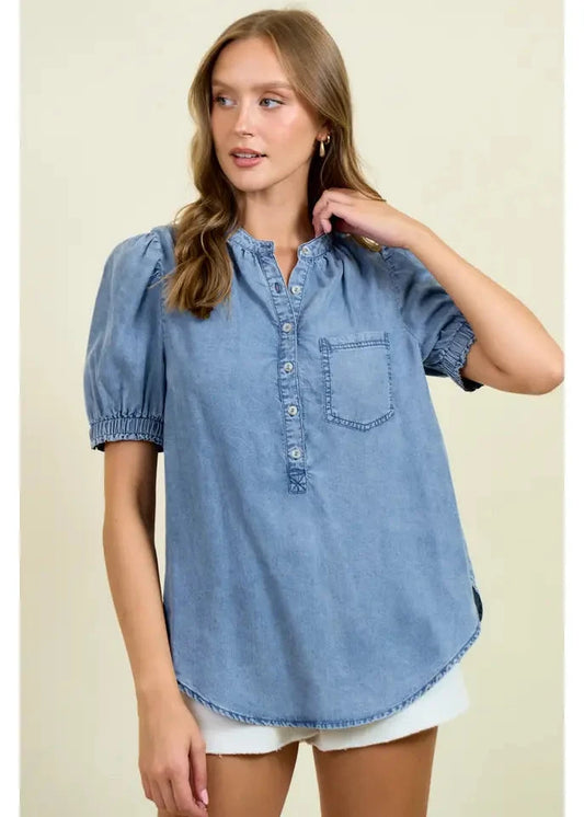 Collared Puff Sleeve Button Down Top