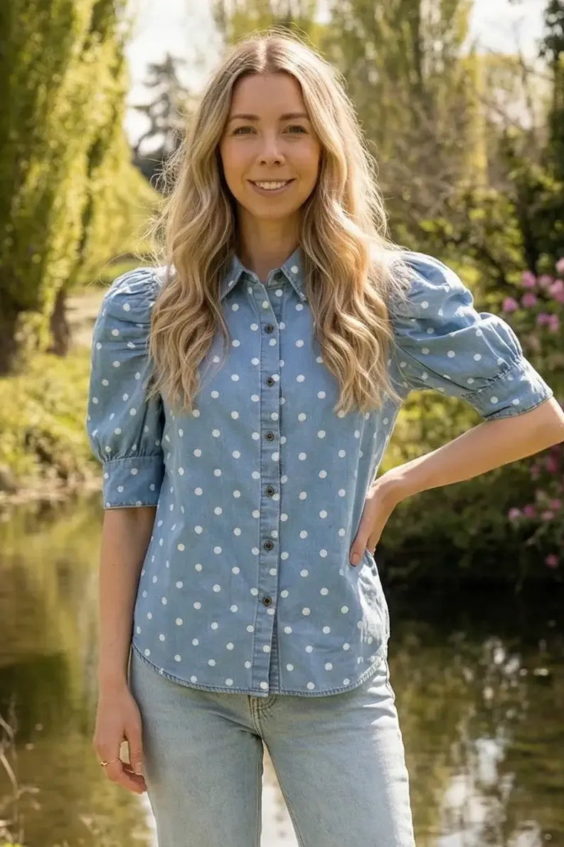 Polka Dot Puff Sleeve Denim Top