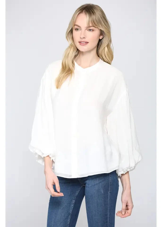Puff Sleeve White Button Down Shirt