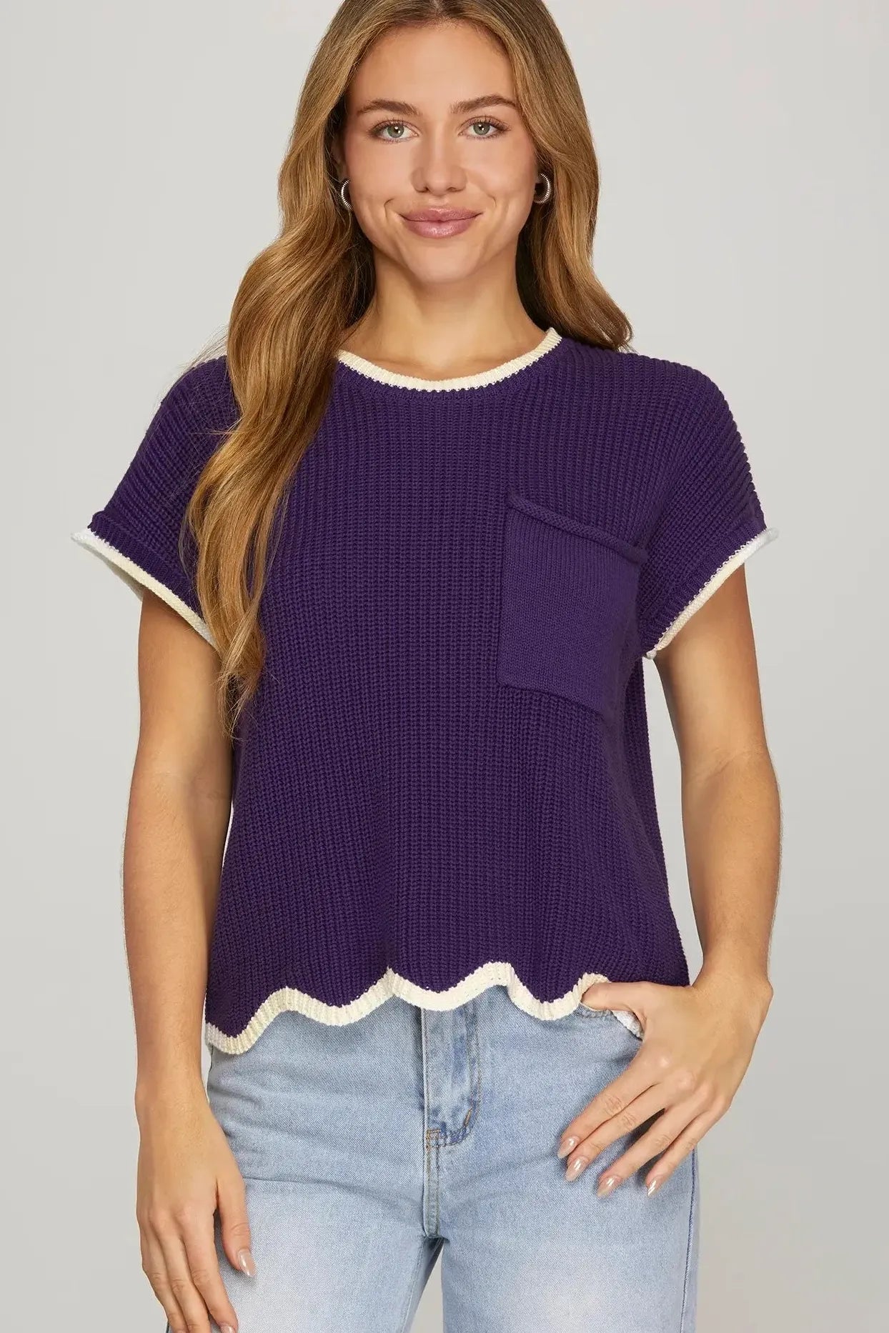 Purple Scallop Edge Short Sleeve Top