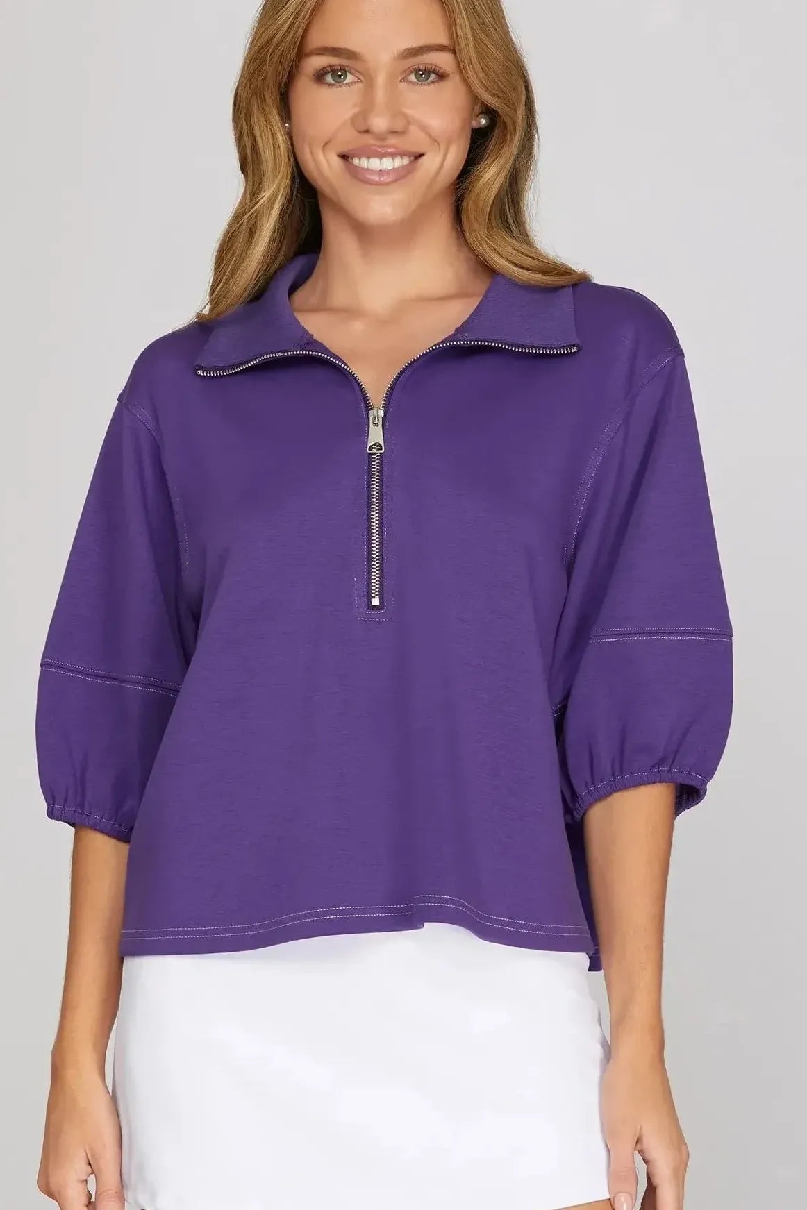 Half Sleeve Half Zip Purple Top