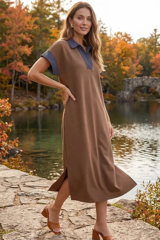 Midi Short Sleeve Collar Stitch Dress