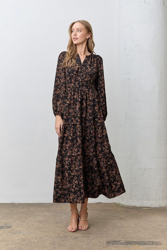 Floral Printed Long Sleeve Midi Dress