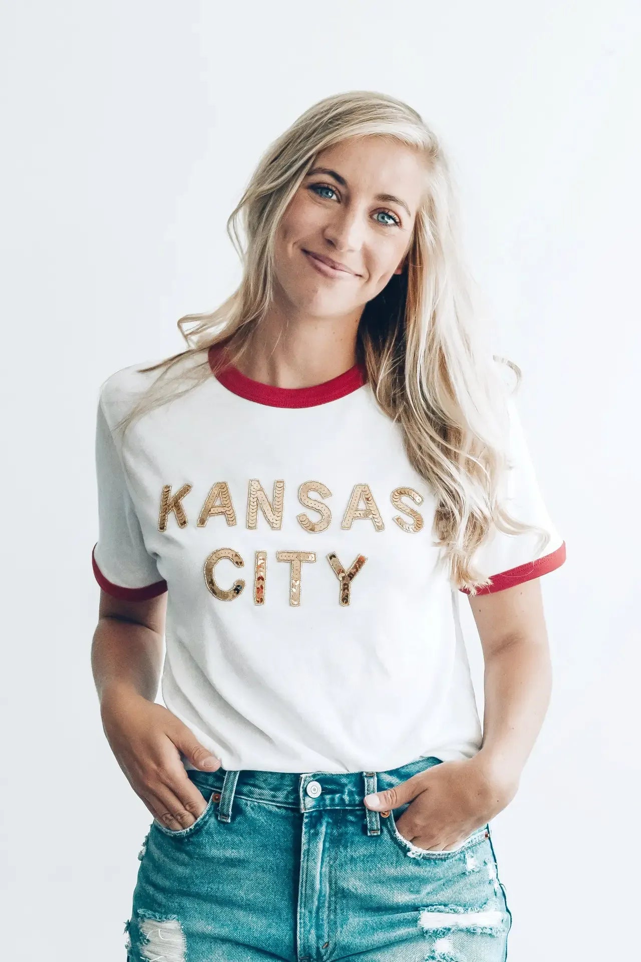 Kansas City Red Sequin Ringer Tee