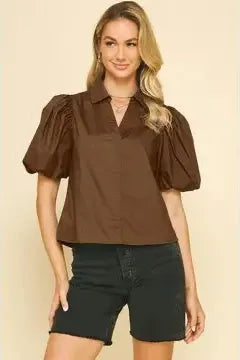 Bubble Sleeve V-Neck Blouse Brown