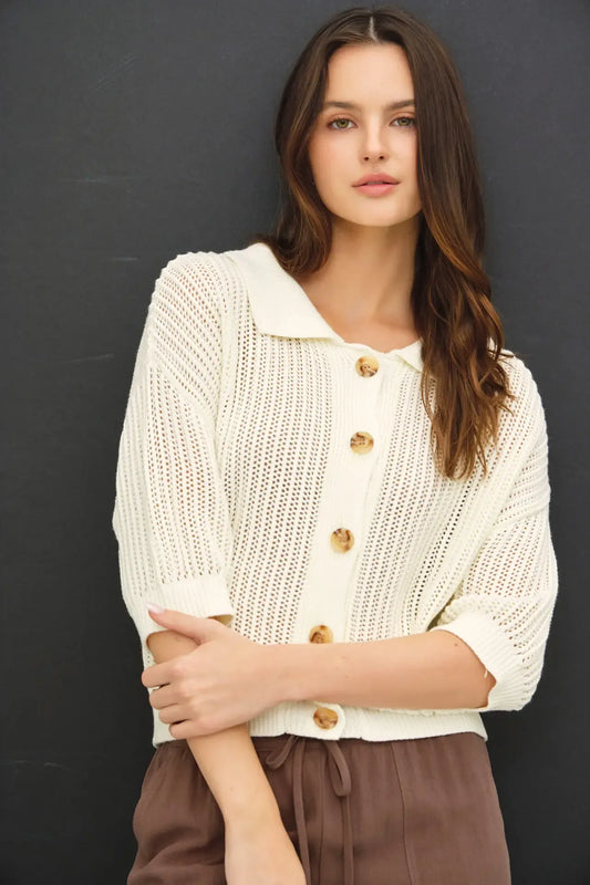 Collared White Knitted Short Sleeve Top