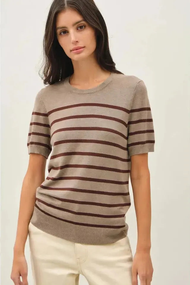 Striped Hazelnut Short Sleeve Sweater