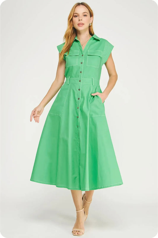 Emerald Green Linen Midi Dress