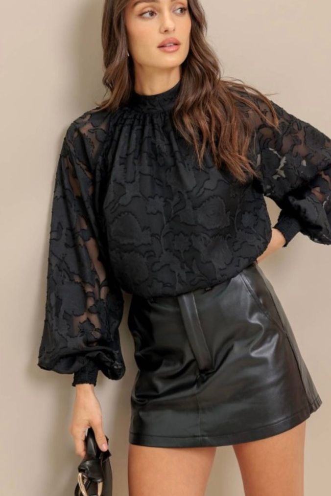 Black Woven Top High Neck