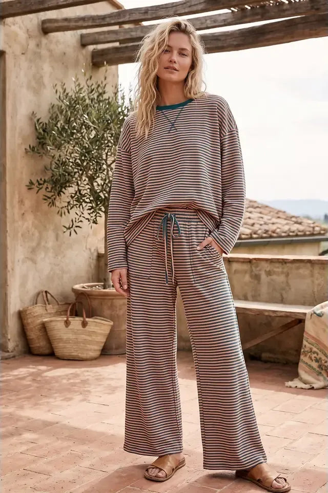 Teal/Apricot Striped Long Sleeve Top