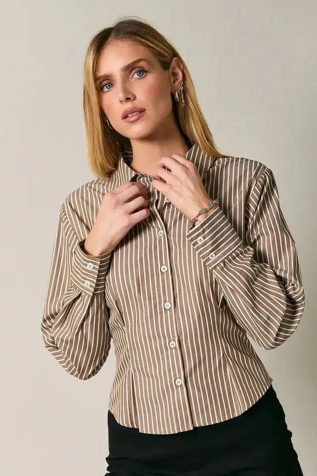 Cinched Brown and White Striped Button Up