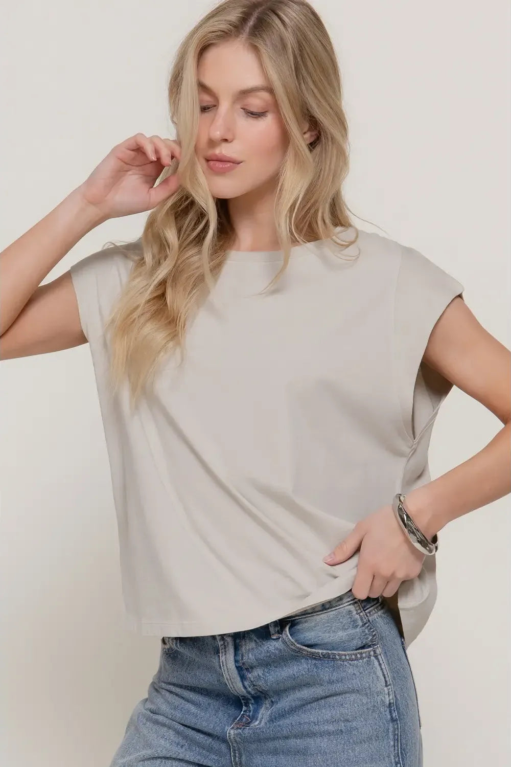 Taupe Round Neck Soft Short Sleeve