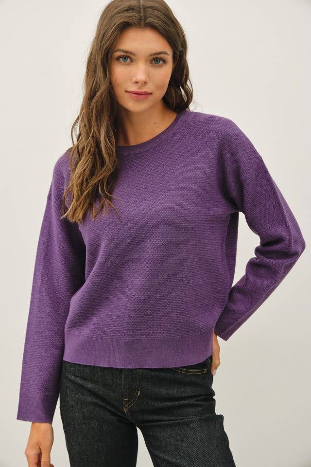 Purple Textured Crew Neck Sweater