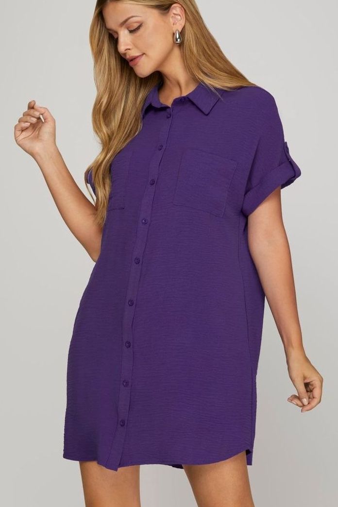 Button Up Woven Short Sleeve Mini Dress