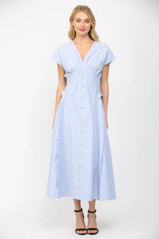 Blue Pinstripe Smocked Waist Midi Dress